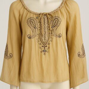 Ossira Women’s Beige Boho Embroidered Blouse Size M – Sheer Flowy Long Sleeve